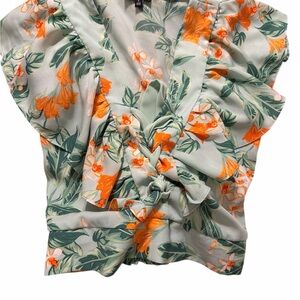 Floral Ruffle Sleeve Top - Orange and Green